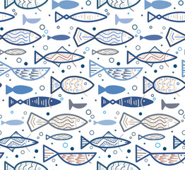 Seamless boho blue contour pattern with doodle fishes and bubbles floating to the right. Underwater lagoon world. Vector outline texture for fabrics, wallpapers and your creativity