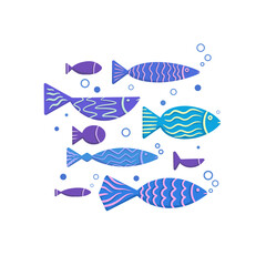 Set of different blue doodle fish with boho pattern and bubbles. School of fish. Vector flat lagoon object for postcard, sticker, banner and your design.