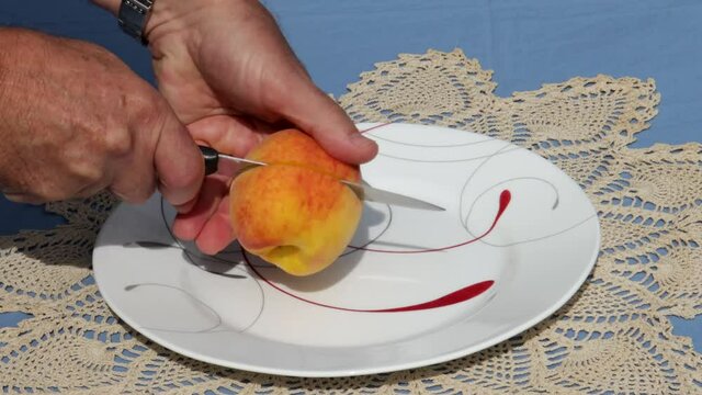 Demonstration of slicing and cutting a Loring (freestone) peach in the hand with ease.