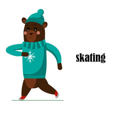A bear in a blue sweater is skating, waving its paws