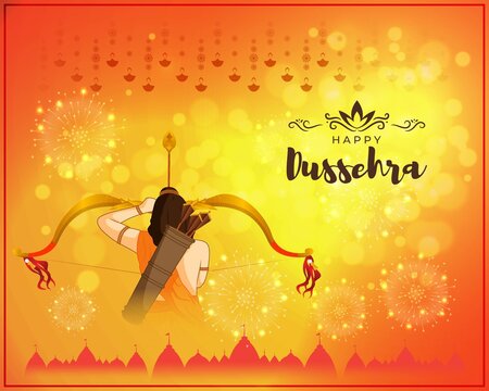 Vector illustration of Happy Dussehra greeting, Indian festival, Lord Rama holding bow and arrow in hands, danglers, temples, fireworks, beautiful bokeh background.
