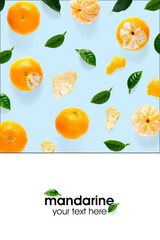 Creative layout of tangerines, mandarines. Unpeeled and peeled ripe tangerines, mandarines, clementines with leaves isolated on white background.