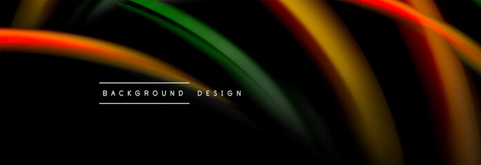 Dynamic motion abstract background. Color blurred stripes on black. Wave liquid lines poster. Vector illustration
