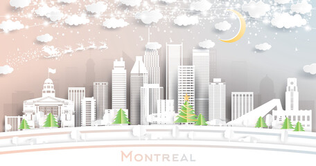Montreal Canada City Skyline in Paper Cut Style with Snowflakes, Moon and Neon Garland.
