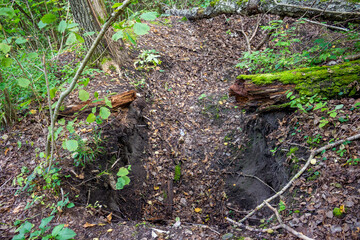 A large plundering pit dug by black diggers at an archaeological site. Illegal excavations
