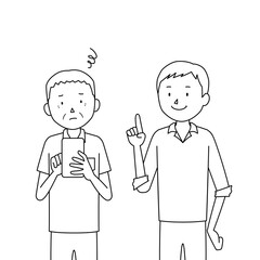Illustration of a senior man who asks his son to teach him how to use a smartphone (I don't know how to use it)