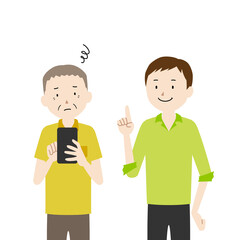 Illustration of a senior man who asks his son to teach him how to use a smartphone (I don't know how to use it)