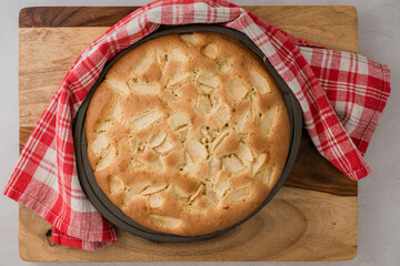 Apple cake with sliced apples on baking pan, just from oven, close up view from above