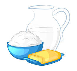 Natural farm dairy products. Isolated on white background. Cartoon style. Vector illustration.