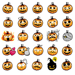 Set of halloween pumpkins on white background. The symbol of the Happy Halloween holiday. Orange pumpkin with face smile for the holiday Halloween. Vector illustration.