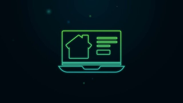Glowing neon line Online real estate house on laptop icon isolated on black background. Home loan concept, rent, buy, buying a property. 4K Video motion graphic animation
