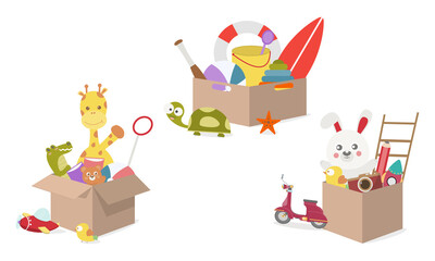 Toy Box, full of children´s toys including Giraffe doll Crocodile doll, Ball, rabbit, bear, book, plane, bird, pencil, Cardboard boxes with kids toys for playroom or kindergarten. vector illustrator 