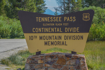 The Continental Divide sign on Tennessee Pass in the Rocky Mountains of Colorado