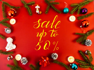 Internet banner, card, flyer about New Year, Christmas discounts, text -  sale up to 50, on a red background