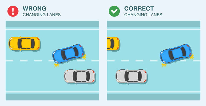 Wrong and correct changing lanes while driving a car. Flat vector illustration template.