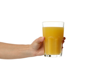 Female hand hold glass of orange juice, isolated on white background