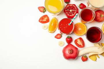 Concept of glasses with different juices on white background