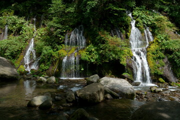 Fototapeta na wymiar 水の流れの線が美しい滝の風景　-日本、長野県、吐竜の滝