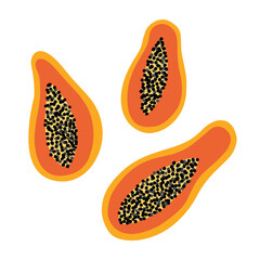 Set, collection of vector cartoon style icons of papaya fruits cut in half with pulp and seeds.
