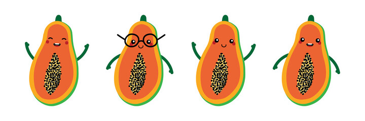 Set, collection of cute and happy cartoon style papaya characters for healthy food, vegan and cooking design.