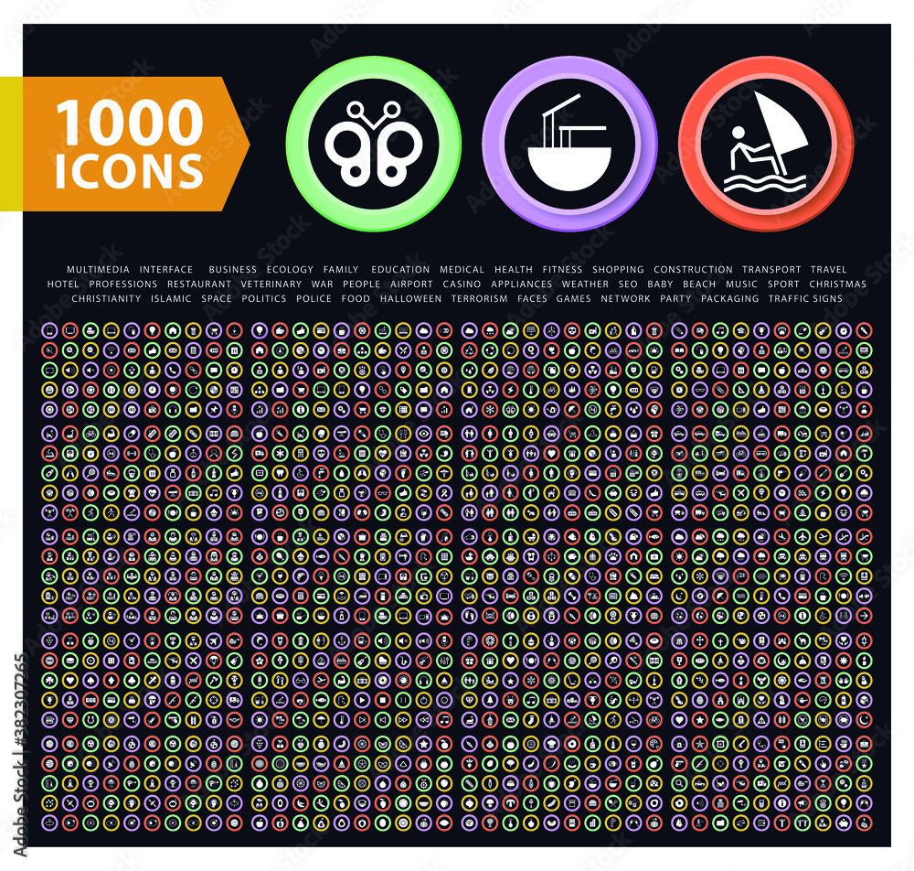 Poster set of 1000 high quality solid icons on colorful buttons . isolated vector elements