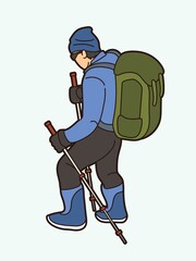 Hiker climbing mountain hiking cartoon graphic vector