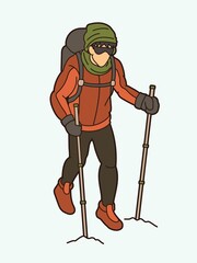 Hiker climbing mountain hiking cartoon graphic vector