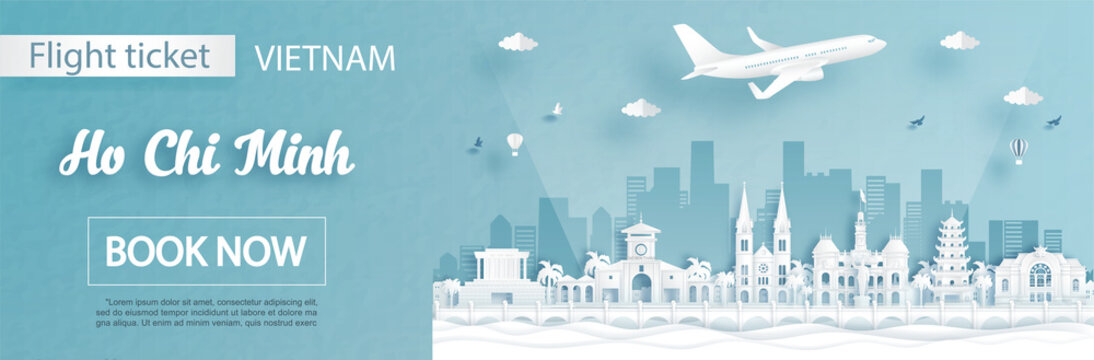 Flight and ticket advertising template with travel to Ho Chi Minh, Vietnam concept and famous landmarks in paper cut style vector illustration