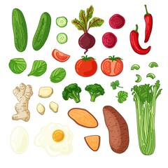 Big set of vegetable, berries, herb and roots. Natural raw fresh food for vegetarian nutrition. Illustration for fresh smoothie or diet flyer. Vector