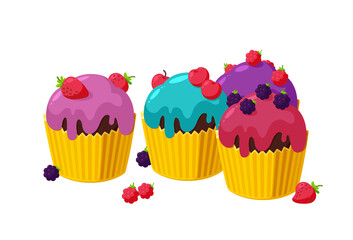 Cupcakes with cherry, raspberry, blackberry and strawberry. Set of birthday muffins in paper cup. Tasty desserts with shiny frosting. Vector illustration in cute cartoon style