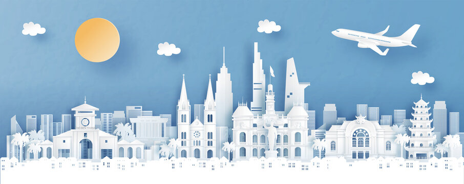 Panorama View Of Ho Chi Minh City, Vietname With Temple And City Skyline With World Famous Landmarks In Paper Cut Style Vector Illustration