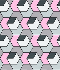 Modern abstract hexagonal repeating pattern in pink, greys and browns, geometric vector illustration