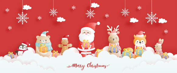 Christmas card, celebrations with Santa and friends, Christmas scene banner in paper cut style vector illustration. 