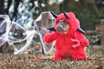 French Buldog dog wearing red Halloween devil costum with fake arms holding pitchfork, with devil tail, horns and black bat wings standing in front graveyard with tombstone covered in cobwebs