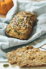 Rectangular pumpkin bread. Selective focus