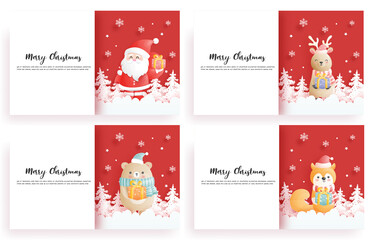 Set of Christmas cards and new year greeting cards with cute Santa clause and Christmas elements on a paper snow globe.