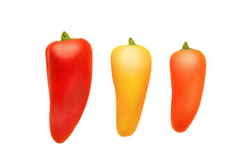 Three paprika isolated on white background. Red, yellow and orange peppers.