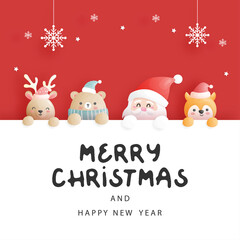 Fototapeta na wymiar Christmas card, celebrations with Santa and friends, Christmas scene in paper cut style vector illustration. 