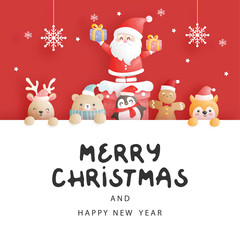 Fototapeta premium Christmas card, celebrations with Santa and friends, Christmas scene in paper cut style vector illustration. 
