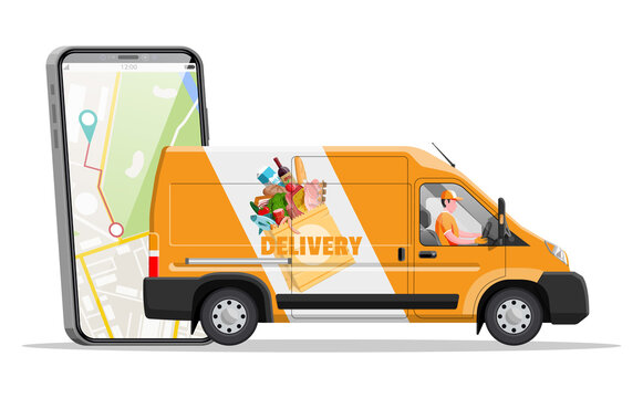 Delivery van full of food and smartphone. Concept of fast grocery delivery service. Supermarket, cafe, restaurant. Groceries products, bread, meat milk fruit vegetable drinks. Flat vector illustration