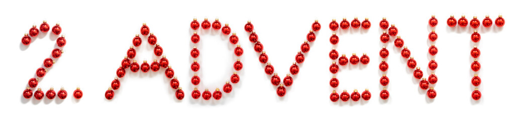 Red Christmas Ball Ornament Building German Word 2 Advent Means Second Advent. Festive Christmas Decoration. White Isolated Background
