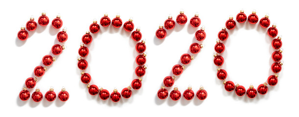 Red Christmas Ball Ornament Building 2020. Festive Christmas Decoration. White Isolated Background