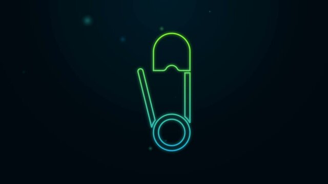 Glowing neon line Classic closed steel safety pin icon isolated on black background. 4K Video motion graphic animation