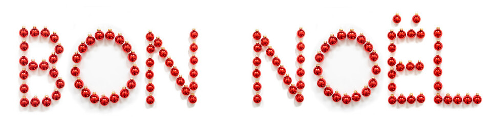 Red Christmas Ball Ornament Building French Word Boen Noel Means Merry Christmas. Festive Christmas Decoration. White Isolated Background