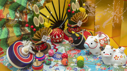 正月飾り　干支　牛ファミリーと門松