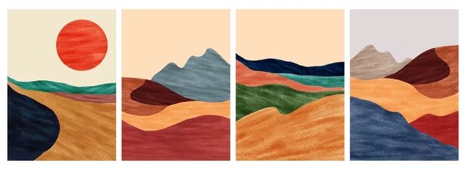  set of creative minimalist hand painted illustrations of Mid century modern. Natural abstract landscape background. mountain, sea, sky, sun and river © gina