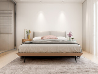 The clean and tidy bedroom has a bed and cupboard