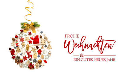 Christmas Ball Build Of Vairous Christmas Decoration And Ornaments. German Text Frohe Weihnachten Und Ein Gutes Neues Jahr Means Merry Christmas And A Happy New Year. White Isolated Background
