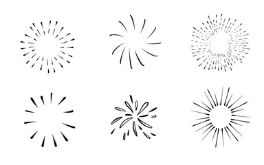 Obraz premium Doodle burst in vintage style on white background. Black vector hand drawn sketch illustration. Sun, starburst, sparkle, sunburst set. Line sparkle explosion. Marker handdrawn line. Retro spark shine
