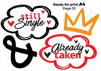 Wedding photo booth props isolated vector illustration on white background. Bride team party photo set t-shirt print. Bachelorette party logo. Speech bridal props collection. Ready for print A4 page 3 © Sopelkin